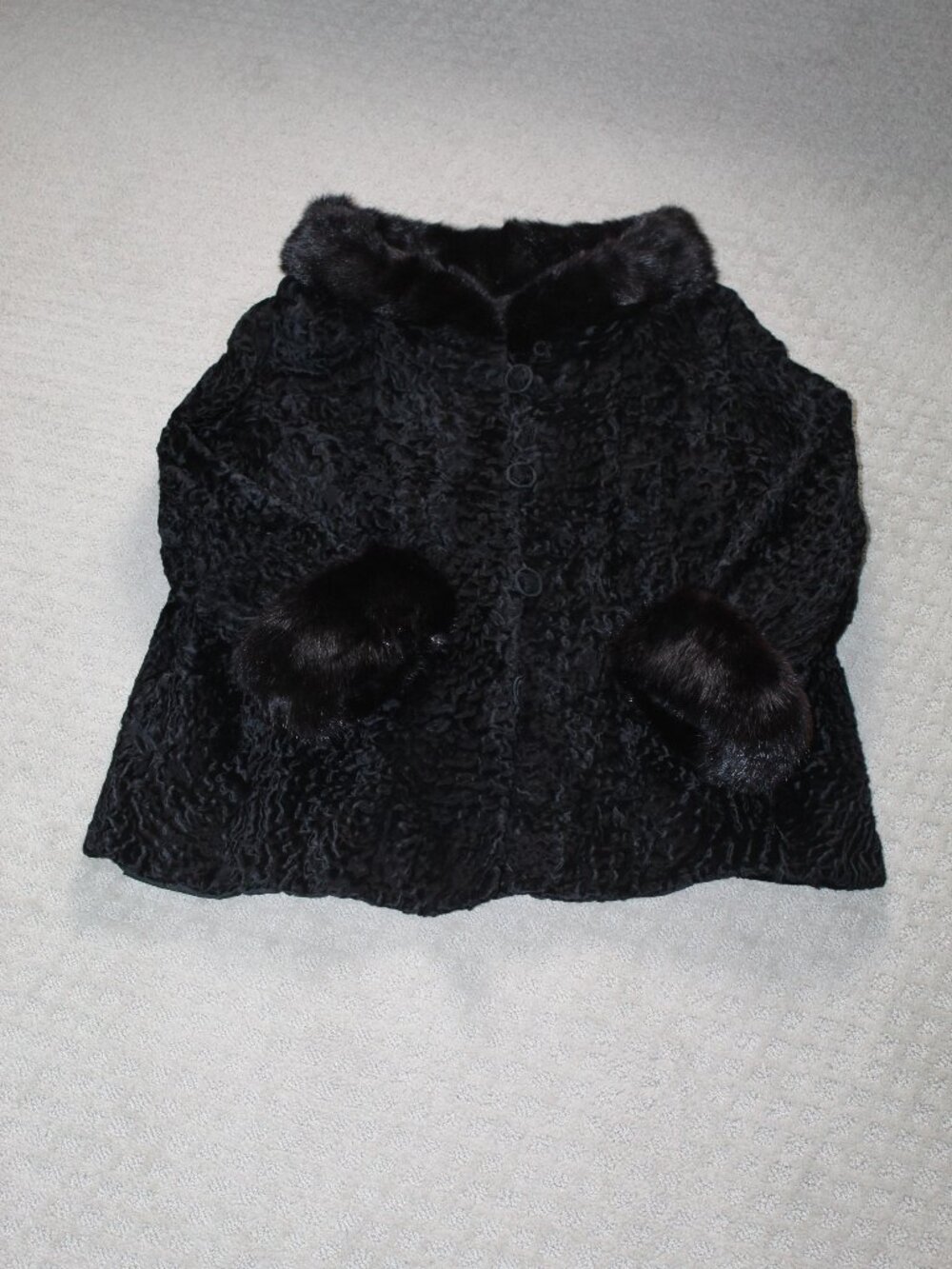 Vintage 1960s Black Curly Lamb Jacket Mink Collar, Black Fur Jacket Size Large